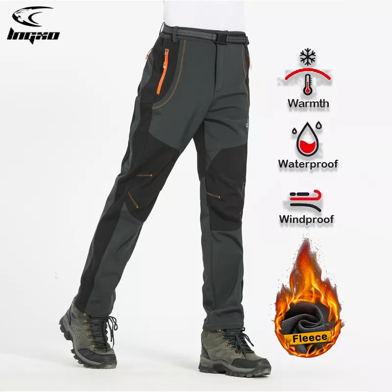 Mens Thick Warm Fleece Hiking Pants Winter Waterproof Windproof Outdoor Soft Shell Rain Trousers