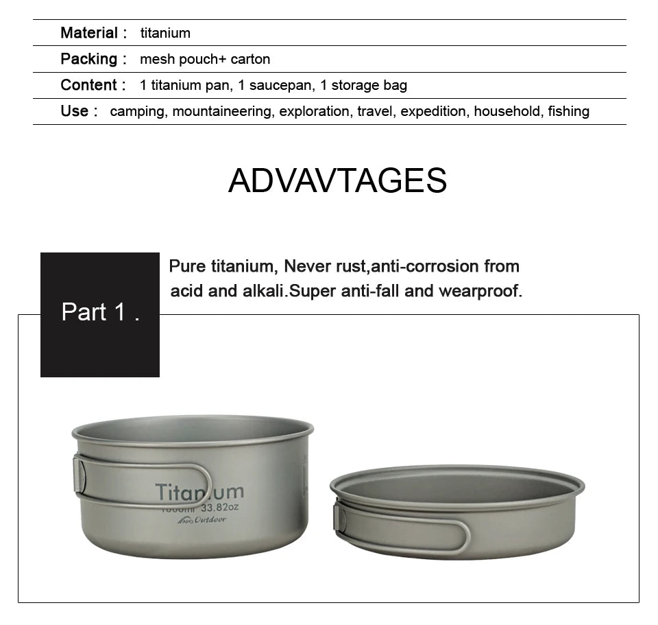 Ultralight Titanium Pan Outdoor Cookware Camping Pot Folding Tableware Enhancing The Body Resistance