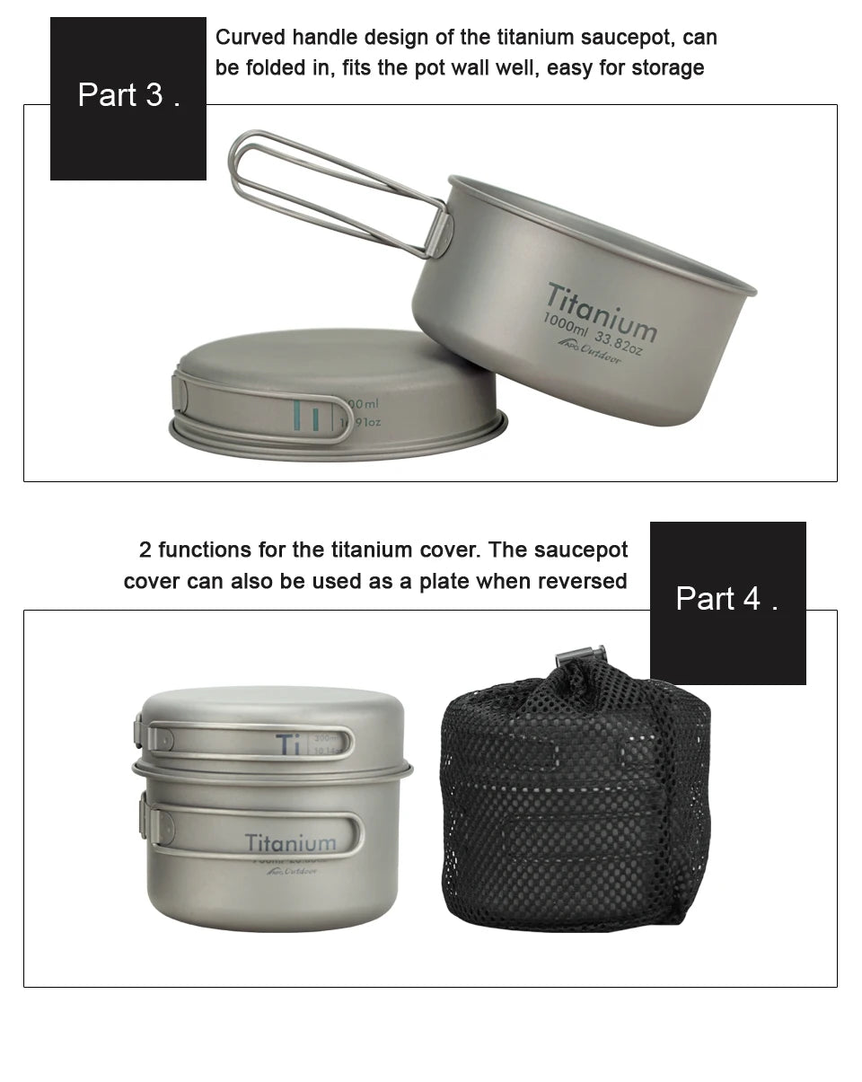 Ultralight Titanium Pan Outdoor Cookware Camping Pot Folding Tableware Enhancing The Body Resistance