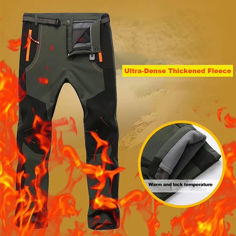 Mens Thick Warm Fleece Hiking Pants Winter Waterproof Windproof Outdoor Soft Shell Rain Trousers