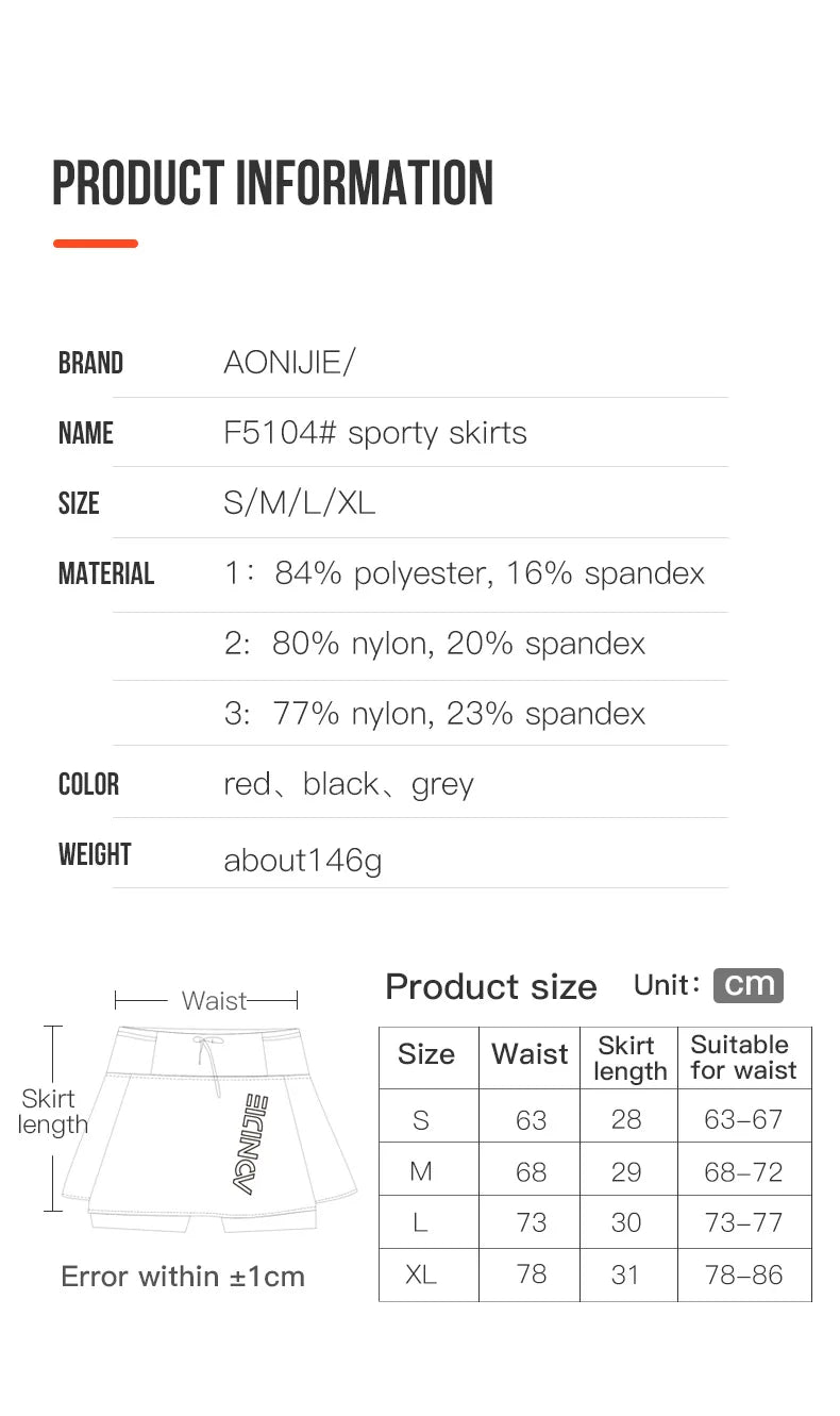 AONIJIE F5104 Women’s Quick-Dry Sports Skirt with Lining and Hidden Pocket | Running, Tennis, Gym