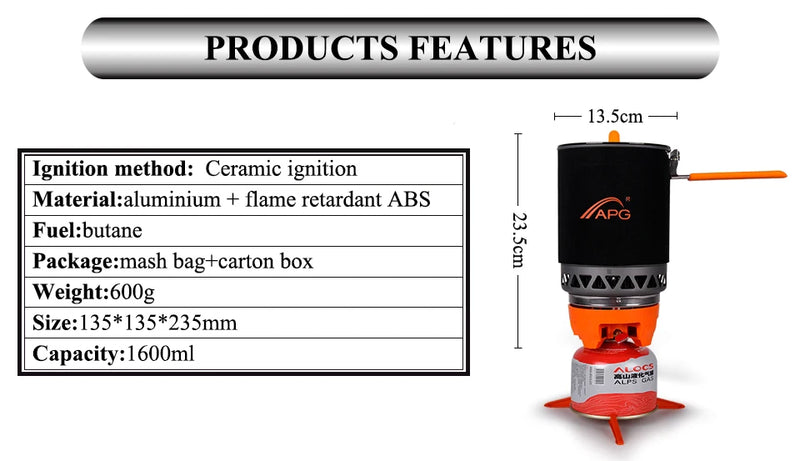 APG Portable Camping Gas Burners 1600ML System Camping Flueless Gas Stove Cooking System