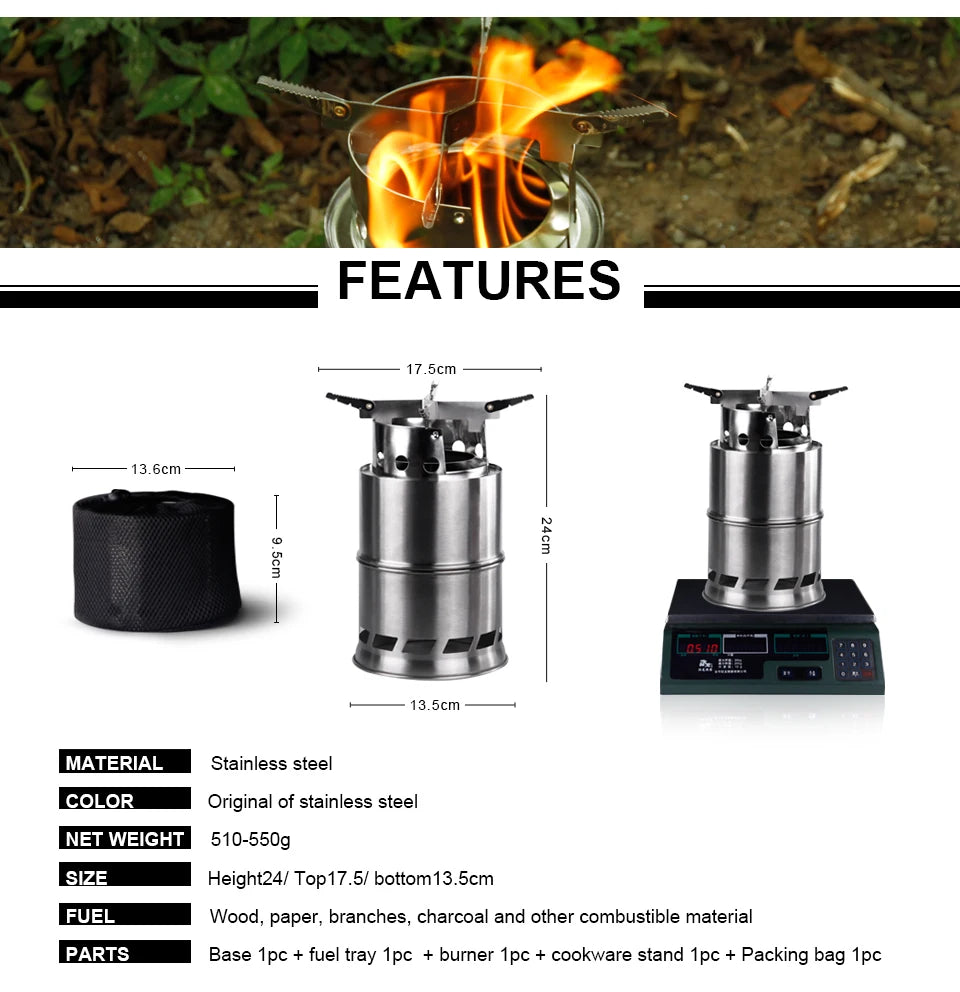 APG Folding Wood Gasifier Stainless Steel Solidified Alcohol Stove Firewood Burning Cooking System