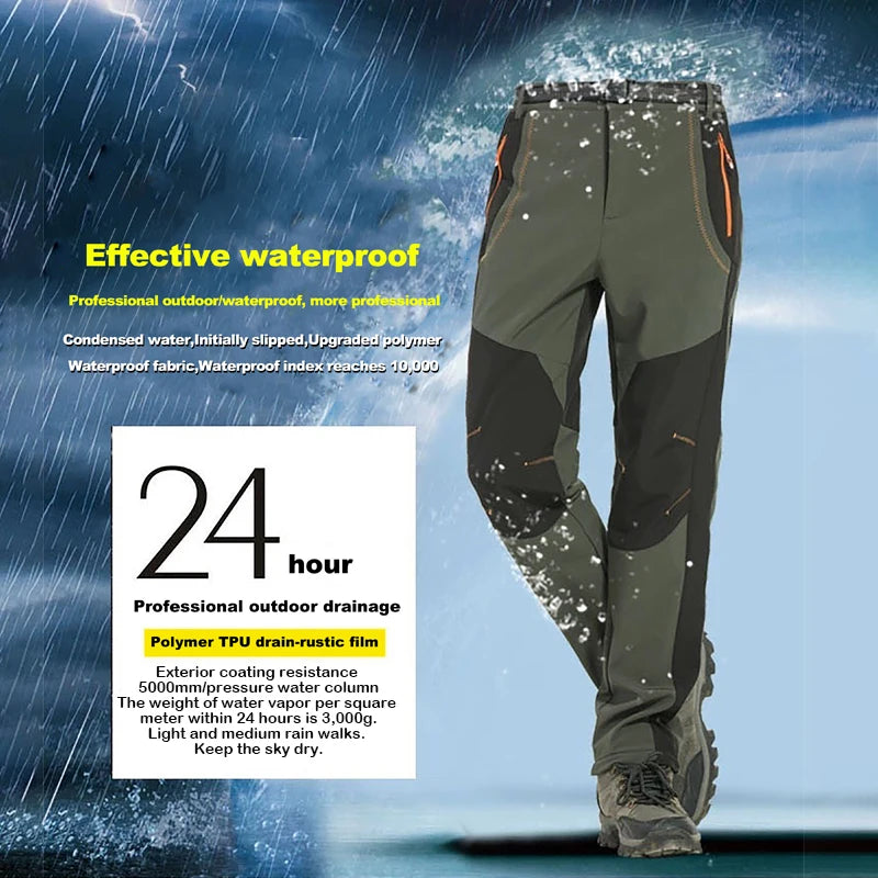 Mens Thick Warm Fleece Hiking Pants Winter Waterproof Windproof Outdoor Soft Shell Rain Trousers