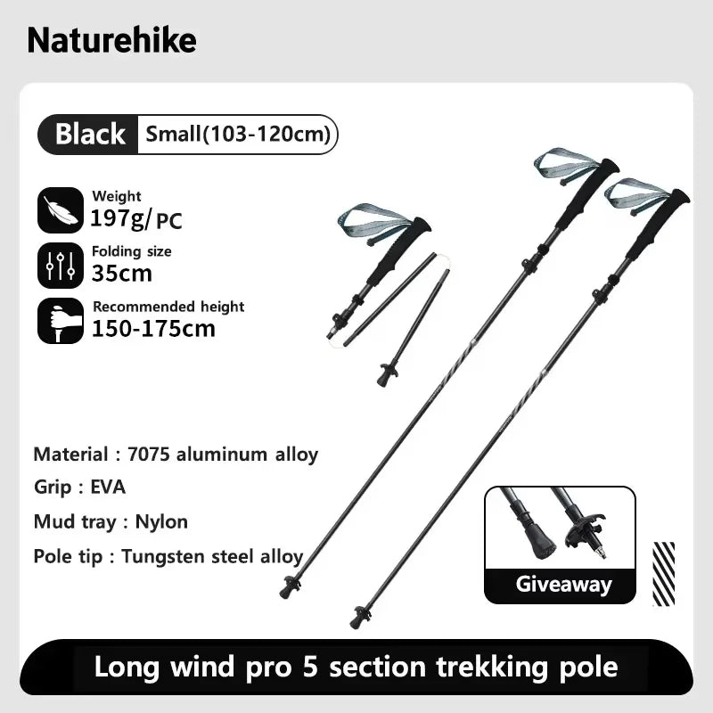 Naturehike Long Wind Trekking Poles Carbon Fiber Aluminum Lightweight Foldable Hiking Sticks