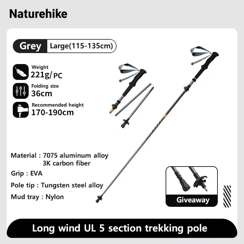 Naturehike Long Wind Trekking Poles Carbon Fiber Aluminum Lightweight Foldable Hiking Sticks