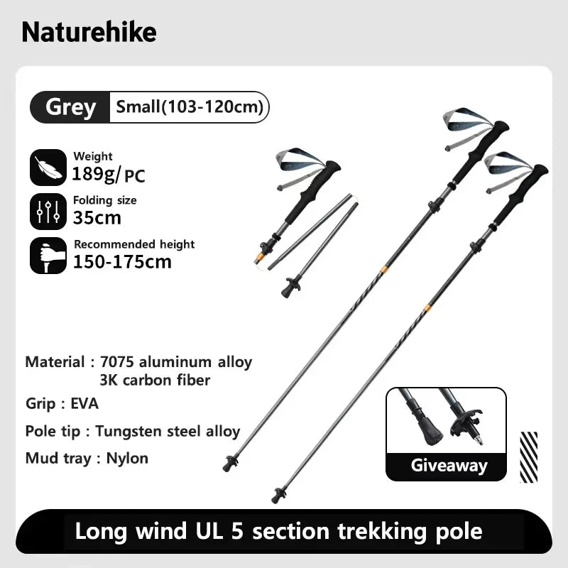 Naturehike Long Wind Trekking Poles Carbon Fiber Aluminum Lightweight Foldable Hiking Sticks