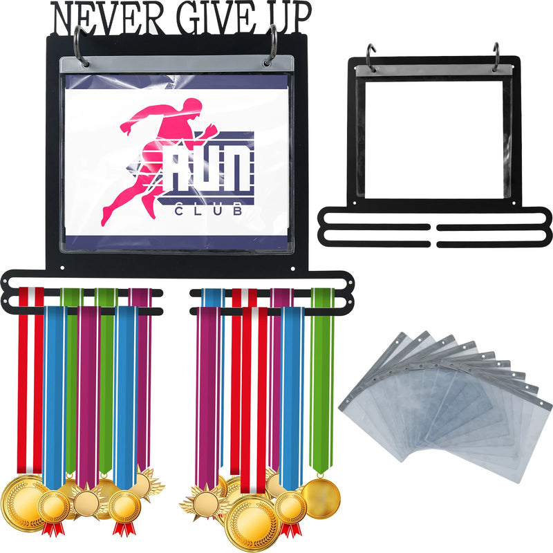 Wall-Mounted Iron Medal Display Holder with Number Storage Bags – Double Tier Medal Hanger