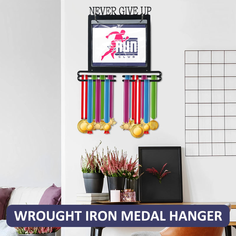 Wall-Mounted Iron Medal Display Holder with Number Storage Bags – Double Tier Medal Hanger