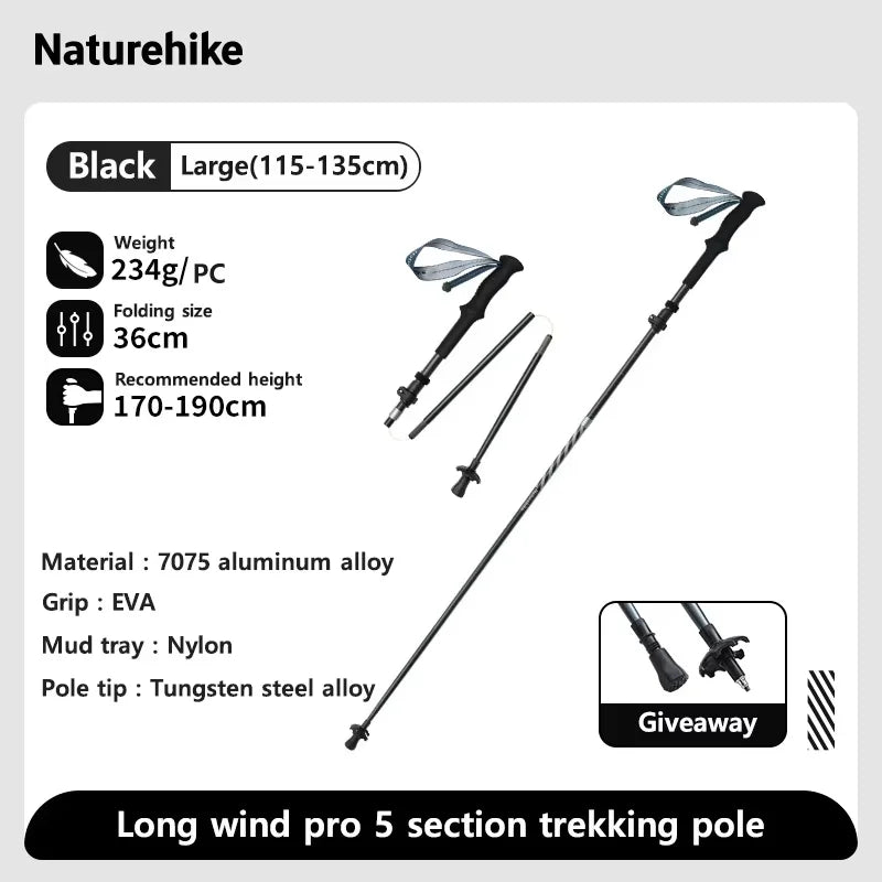 Naturehike Long Wind Trekking Poles Carbon Fiber Aluminum Lightweight Foldable Hiking Sticks