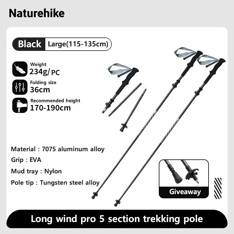 Naturehike Long Wind Trekking Poles Carbon Fiber Aluminum Lightweight Foldable Hiking Sticks