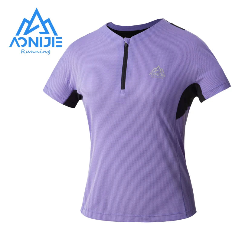 AONIJIE FW5159 Women’s Quick-Dry Checkered T-Shirt | Breathable Crewneck Top with Zipper for Running