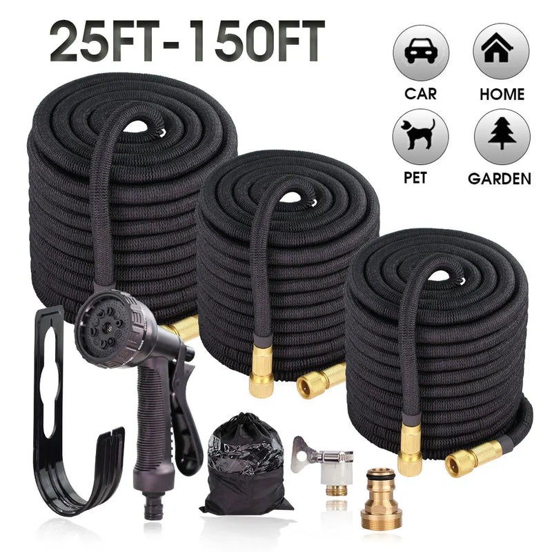 25-150FT Black Expandable Garden Water Hose Flexible Hose Kit with Sprayer for Car Wash & Irrigation