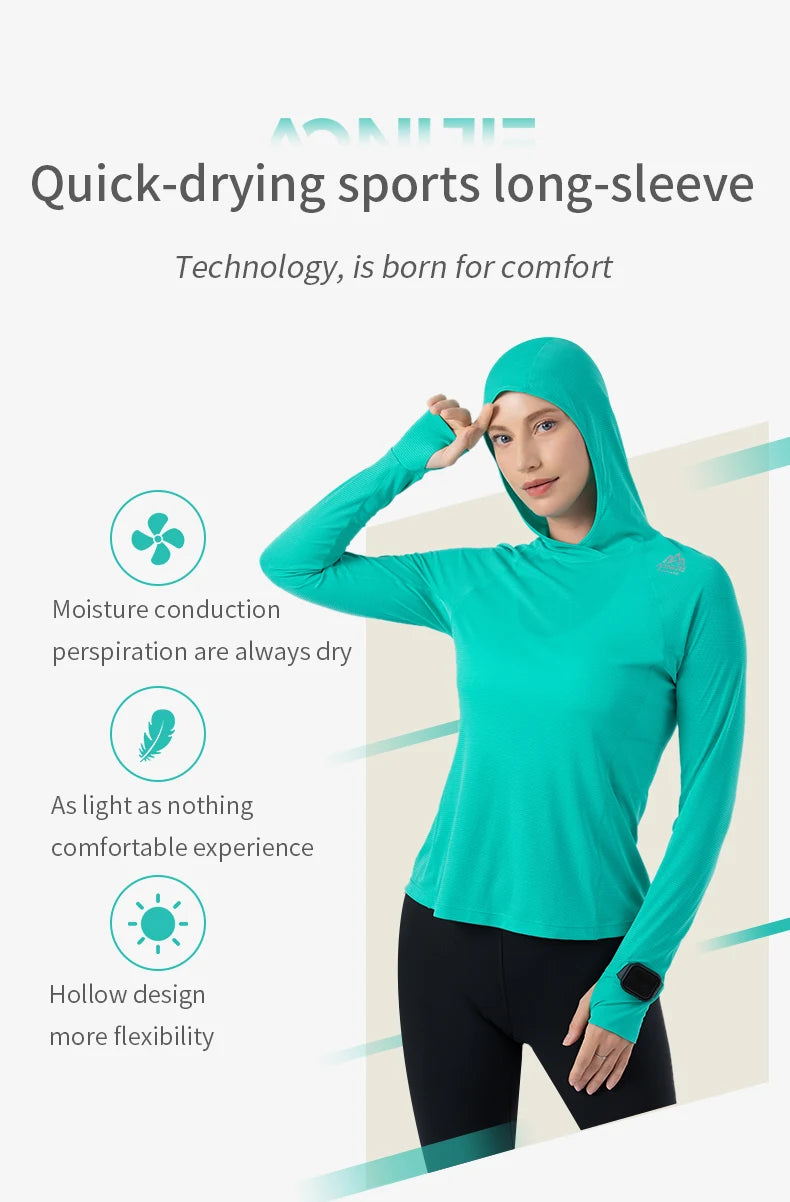 AONIJIE FW5146 Women’s Quick-Dry Long-Sleeve Hooded Shirt | Finger Hole Design for Running & Gym