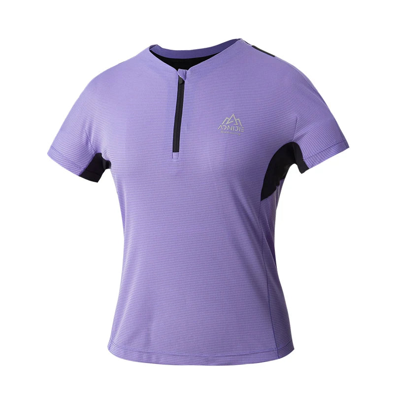 AONIJIE FW5159 Women’s Quick-Dry Checkered T-Shirt | Breathable Crewneck Top with Zipper for Running