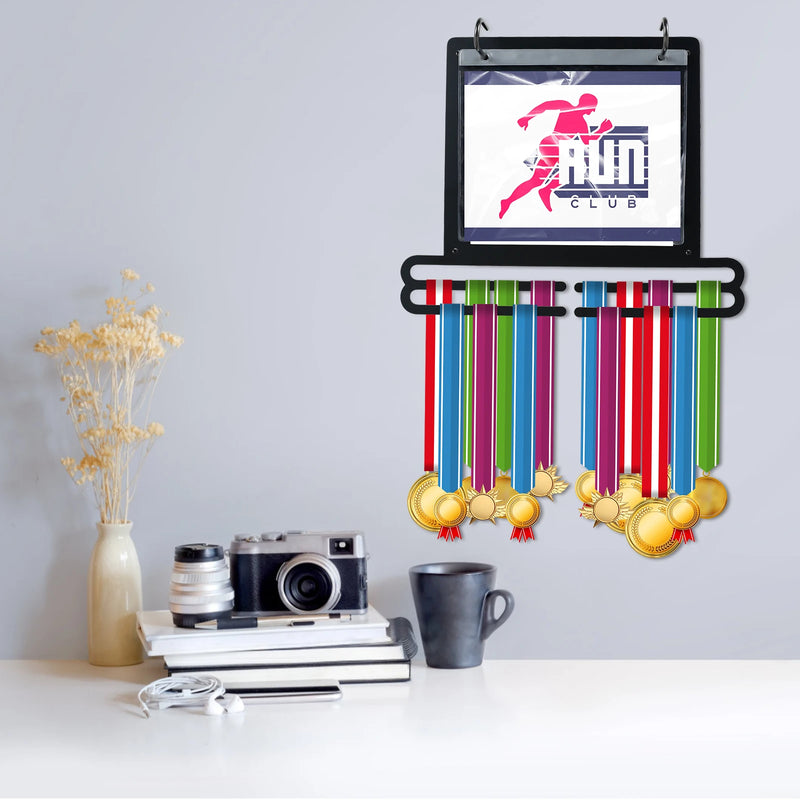 Wall-Mounted Medal Display Hanger – Double Tier Medal and Number Bag Organizer