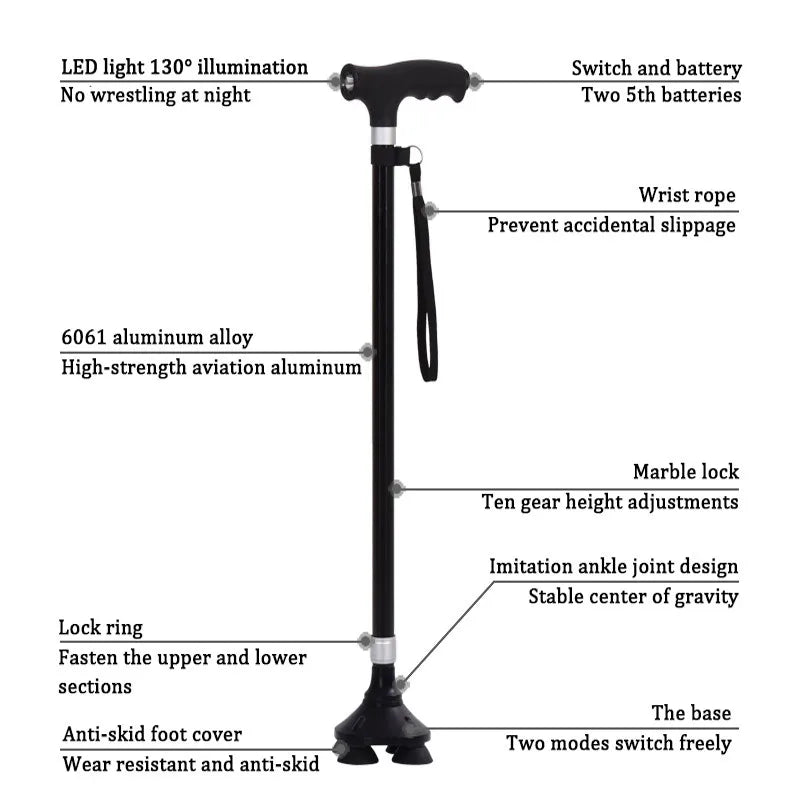 Retractable Aluminum Walking Cane with LED Light: Non-Slip Support for Elderly Mobility