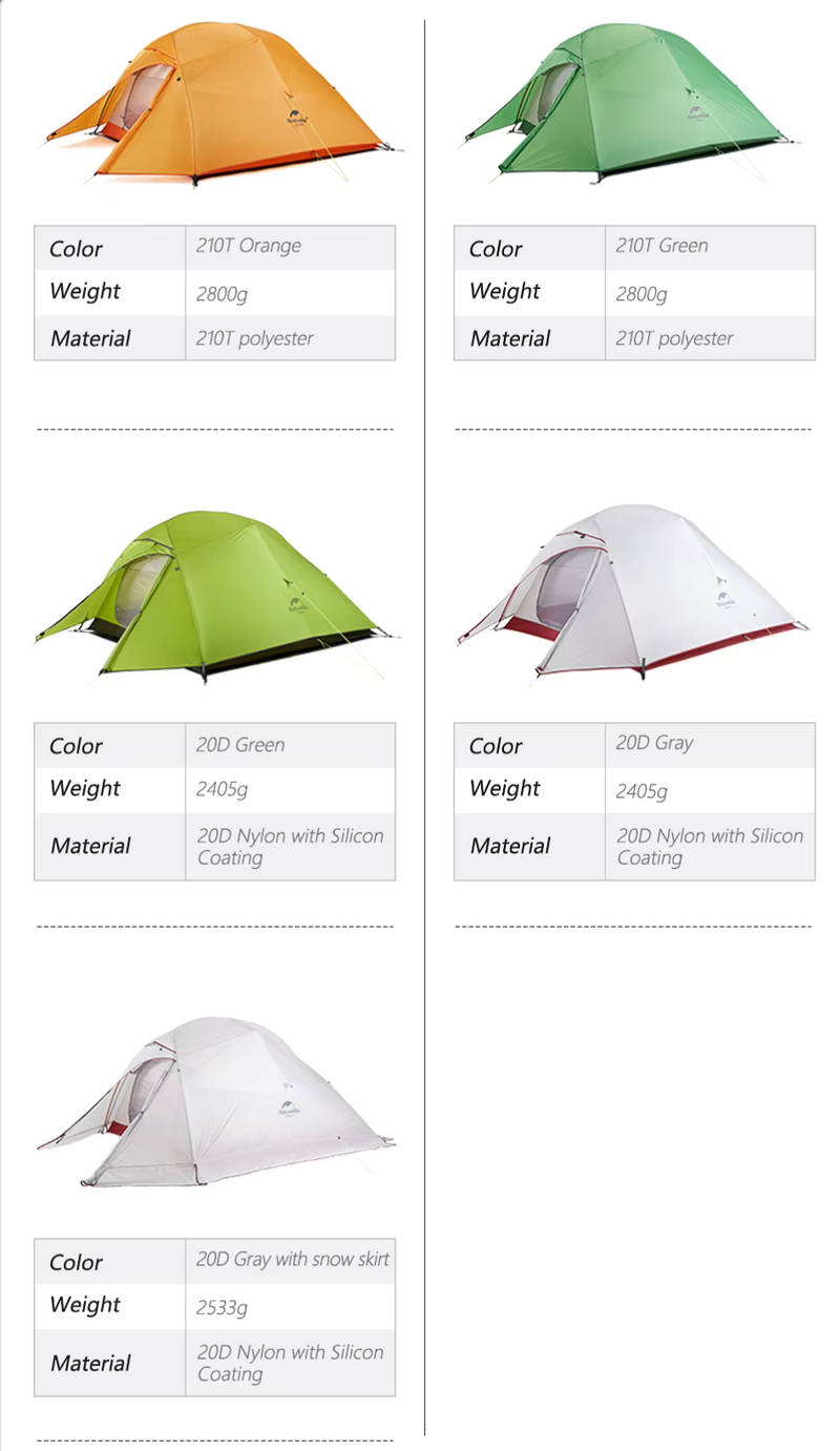 Naturehike Cloud Up Series - Lightweight, All-Season Camping Tents for 1-3 People