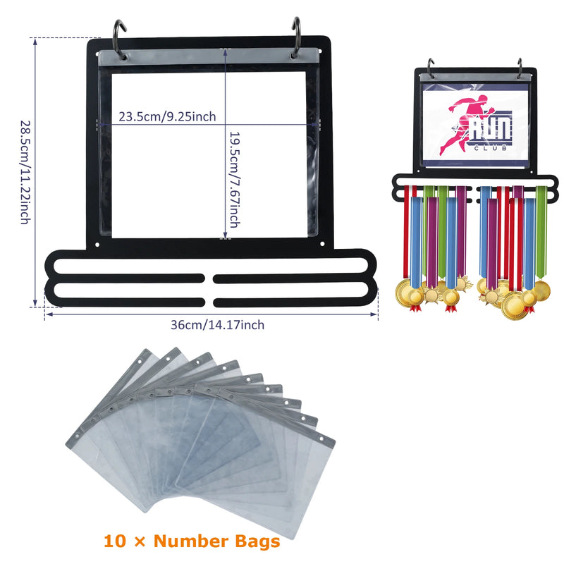 Wall-Mounted Medal Display Hanger – Double Tier Medal and Number Bag Organizer