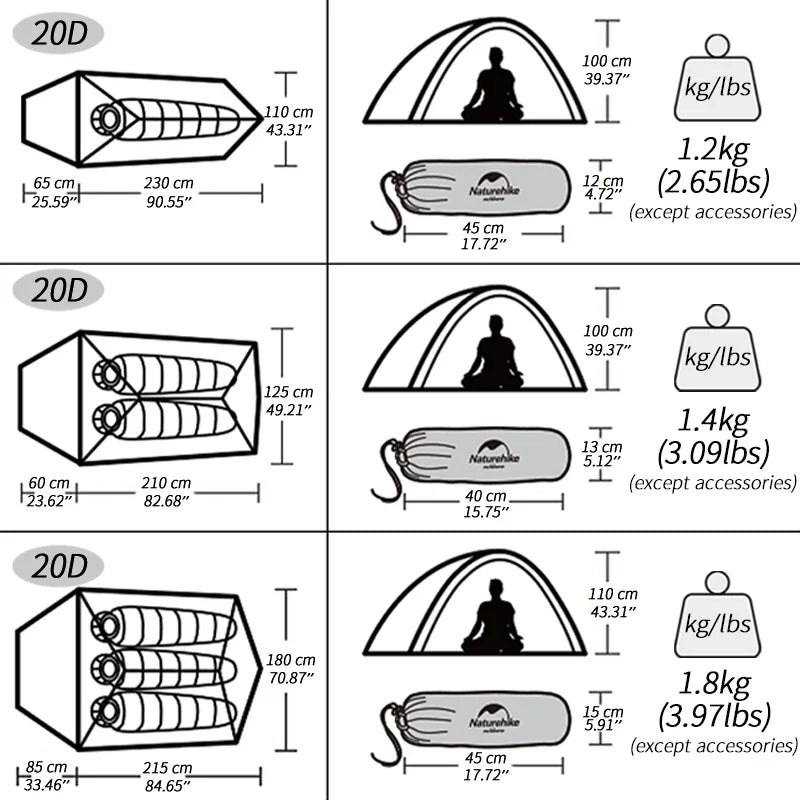 Naturehike Cloud Up Series - Lightweight, All-Season Camping Tents for 1-3 People