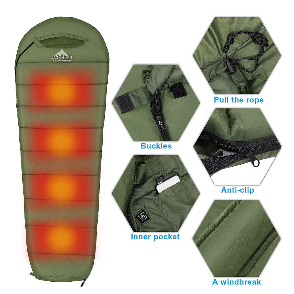 Agemore 220x80cm Envelope Winter Sleeping Bag Electric Heating Camping Sleeping Bag Outdoor