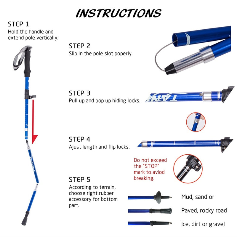 Anti Shock Walking Stick Hiking Trekking Trail Ultralight 4-section Adjustable Canes Aluminum