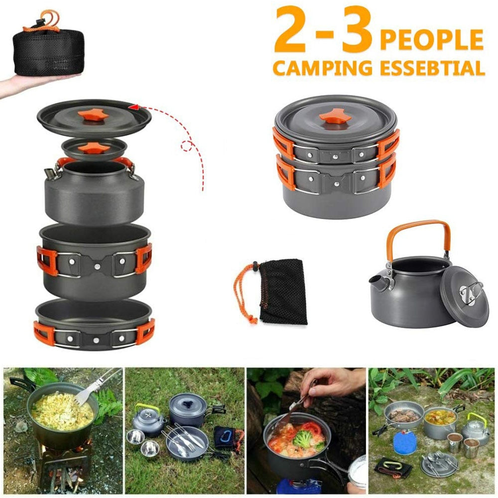 Camping Cookware Kit Outdoor Aluminum Cooking Set Water Kettle Pan Pot Travelling Hiking Picnic