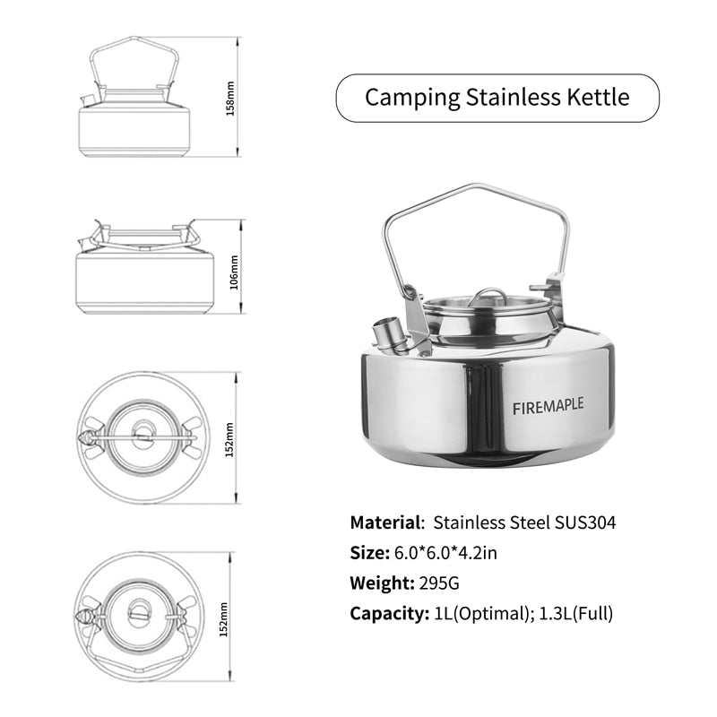 Antarcti Stainless Steel Backpacking Kettle Bushcraft Gear Outdoor Durable Teapot S304 1L 295g