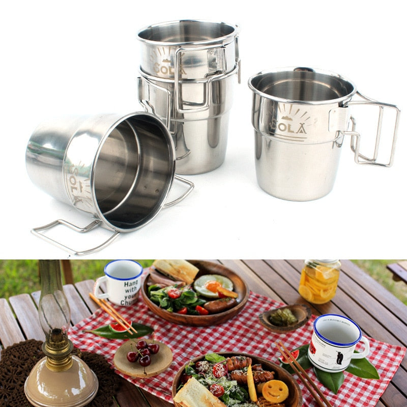 4pcs Outdoor Stainless Steel Cup Foldable Handle Cookware Water Bottle Camping