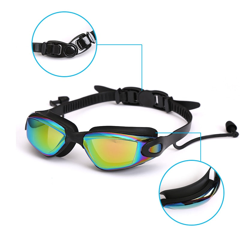 Swimming Goggles Swimming Glasses with Earplugs Nose Clip Electroplate Waterproof Silicone