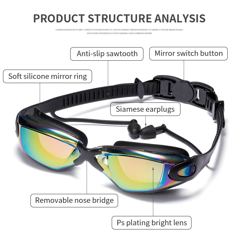 Swimming Goggles Swimming Glasses with Earplugs Nose Clip Electroplate Waterproof Silicone