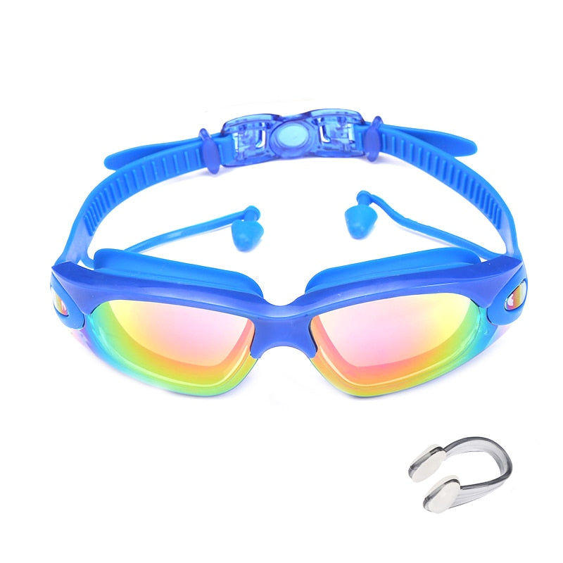 Swimming Goggles Swimming Glasses with Earplugs Nose Clip Electroplate Waterproof Silicone