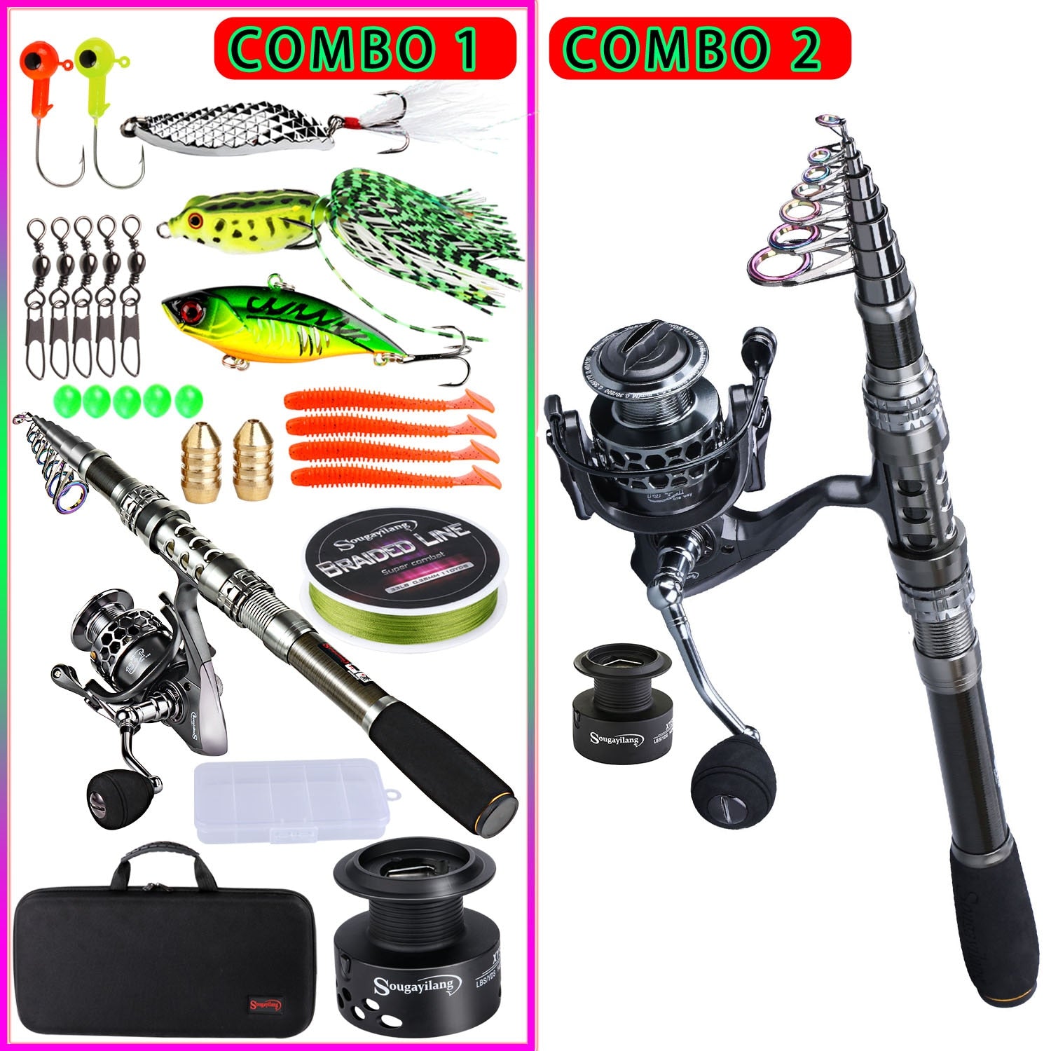 Fishing Rod & Reel Combo Telescopic Fishing Rod Spinning Reel with Free Spool Fishing Hooks Lure