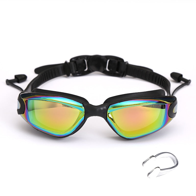 Swimming Goggles Swimming Glasses with Earplugs Nose Clip Electroplate Waterproof Silicone