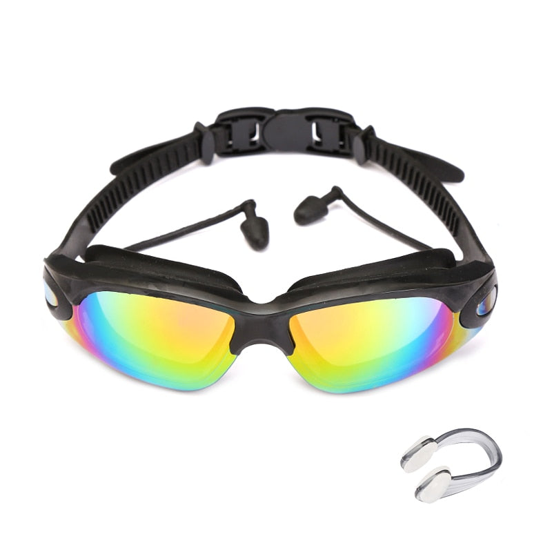 Swimming Goggles Swimming Glasses with Earplugs Nose Clip Electroplate Waterproof Silicone