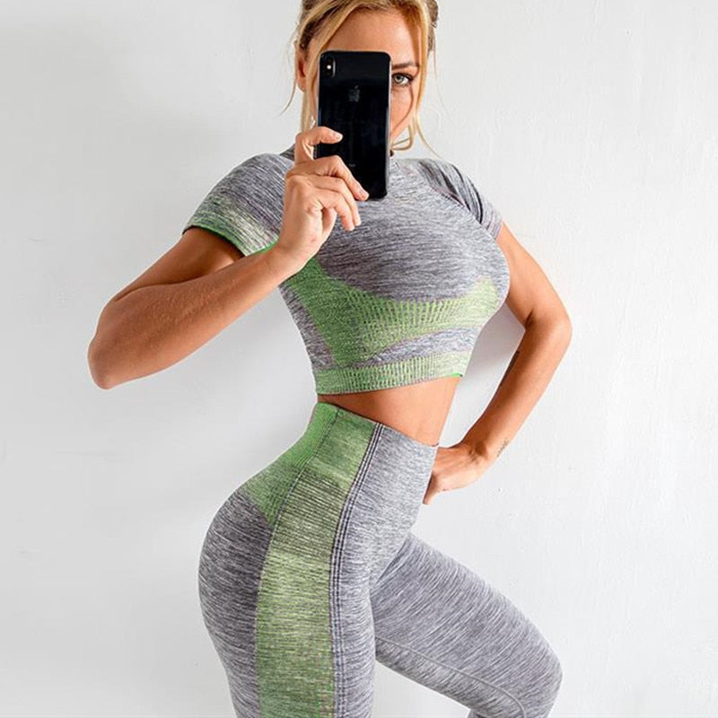 Seamless Rib Yoga Set Sport Outfits Women Two 2 Piece Dry Fit Tight Lo
