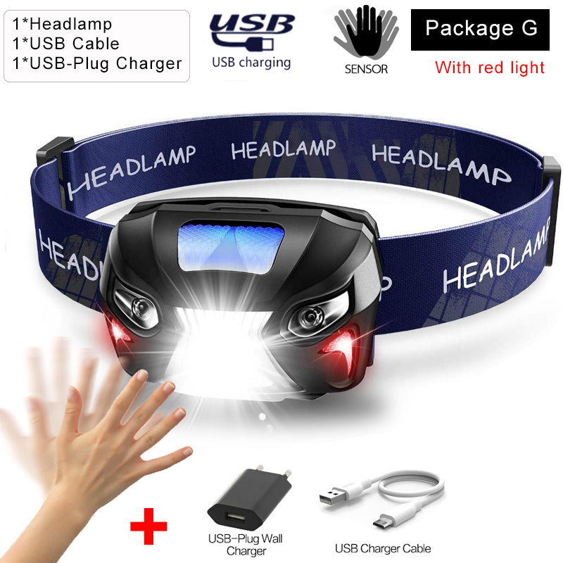 Super bright Powerfull Headlamp Rechargeable LED Headlight Body Motion Sensor Head Flashlight Camping Torch Light Lamp With USB