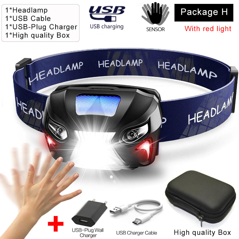 Super bright Powerfull Headlamp Rechargeable LED Headlight Body Motion Sensor Head Flashlight Camping Torch Light Lamp With USB