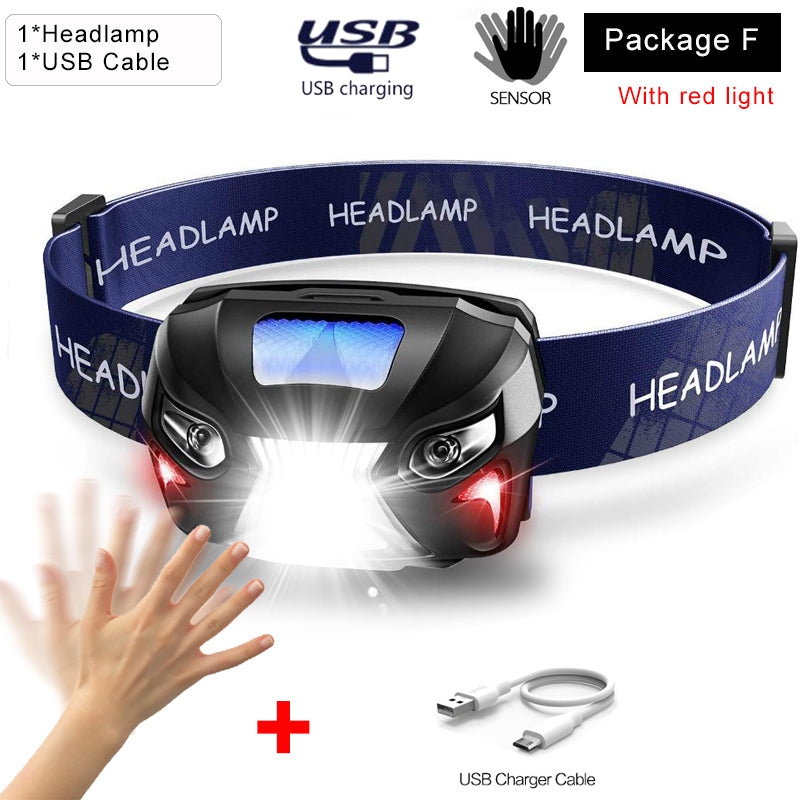 Super bright Powerfull Headlamp Rechargeable LED Headlight Body Motion Sensor Head Flashlight Camping Torch Light Lamp With USB