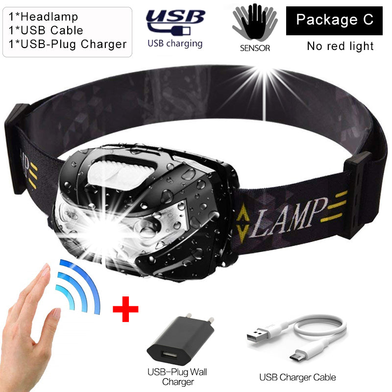 Super bright Powerfull Headlamp Rechargeable LED Headlight Body Motion Sensor Head Flashlight Camping Torch Light Lamp With USB