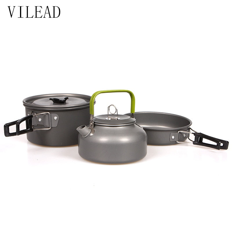 VILEAD Portable Camping Pot Pan Kettle Set Aluminum Alloy Outdoor Tableware Cookware 3pcs/Set Teapot